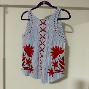 Maeve Blue and Red Embroidered Blouse Anthropologie top Size M